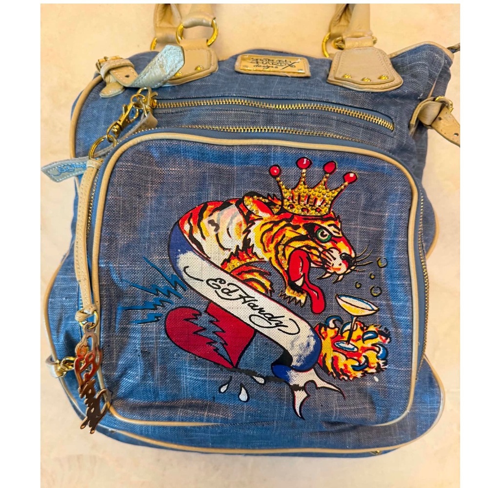 Ed Hardy Christian Audigier Tiger Crown Denim Backpack Blue Gold Tattoo Art